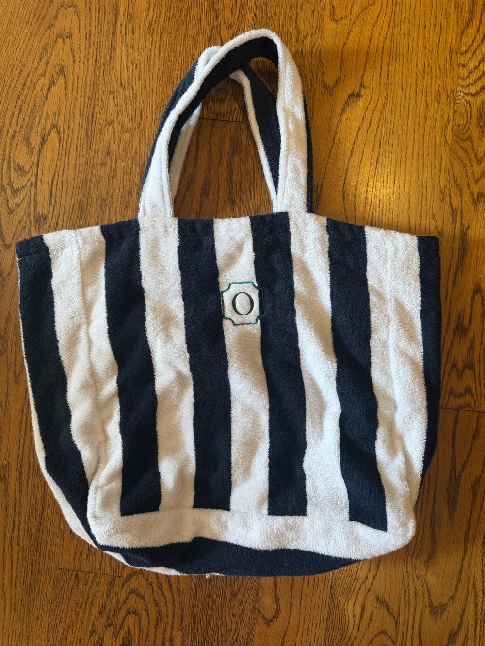 Mark & Graham Navy Cabana Stripe Terry Beach Tote Bag Monogram O